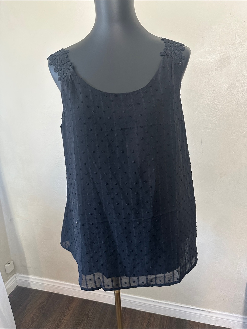 Black Textured Swiss Dot Camisole with Floral Lace Straps